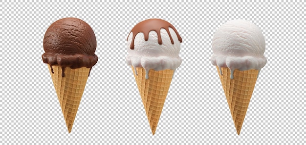 Set di palline di gelato in coni di cialda illustrazione 3d