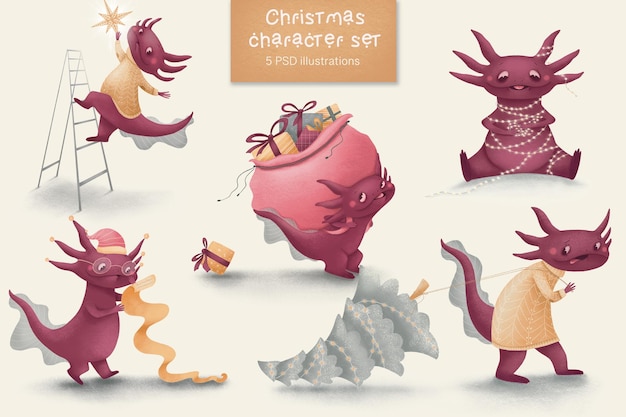 Set di personaggi natalizi con axolotl, pino, regali, luci per poster, camerette, cartoline
