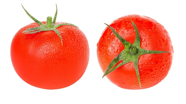Set di pomodori freschi con gocce d'acqua da due angoli isolati