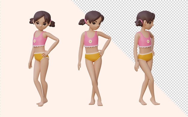 Set di posture della ragazza con rendering 3D