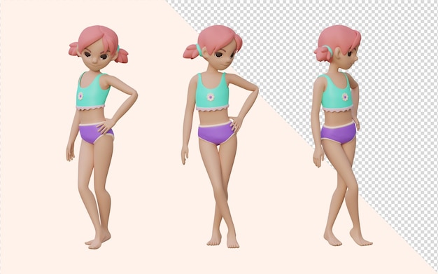 Set di posture della ragazza con rendering 3D