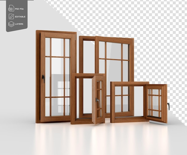 Set di quattro finestre a cornice in legno di diverse dimensioni con più vetri 3D