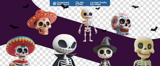 Set di scheletri e teschi 3D di Halloween Angry Happy Funny Expressions in varie pose