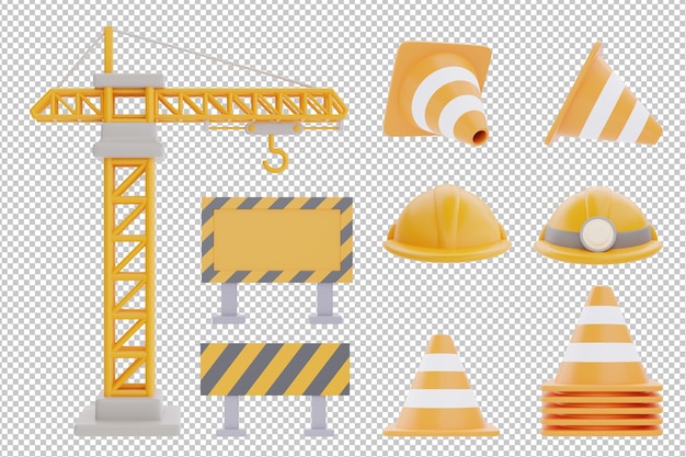 Set di strumenti e attrezzature per la costruzione gru a torre gialla In costruzione segno traffico coneSafety casco giorno del lavoro rendering 3d