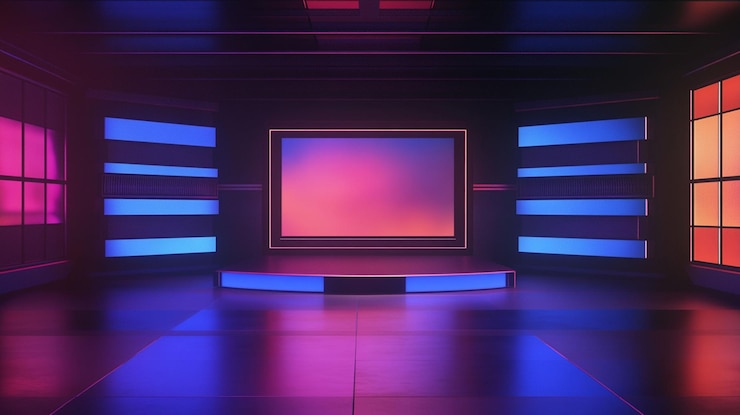PSD set di studio futuristico con vibrante illuminazione al neon, palco curvo e grande schermo