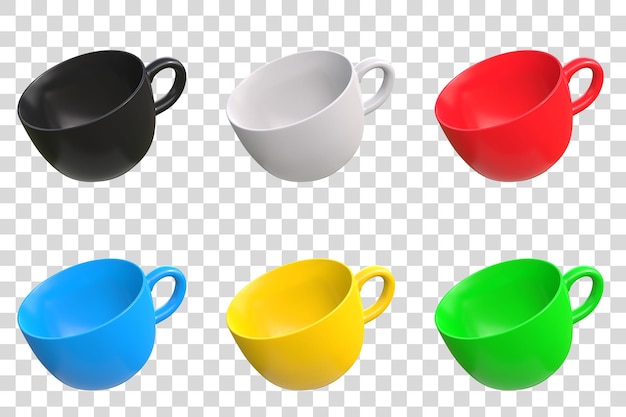 Set di tazze di caffè multicolori isolate su uno sfondo bianco