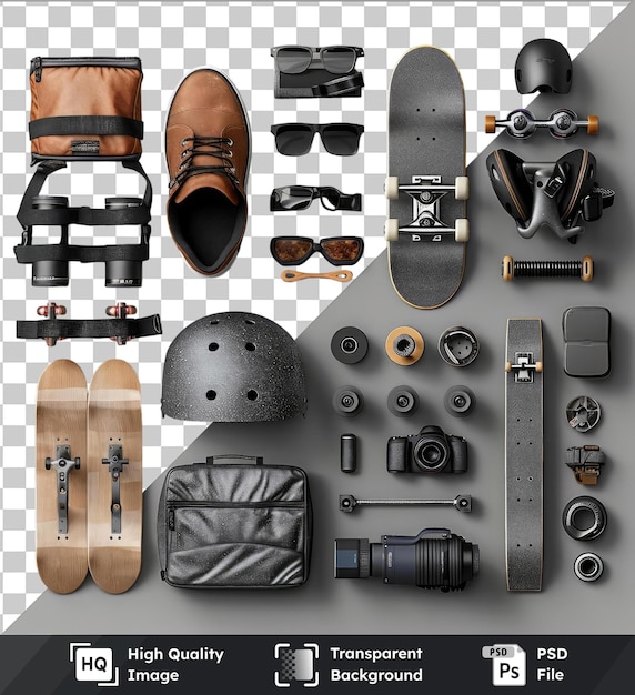 PSD set d'essentiels de skateboarding psd transparent de haute qualité mettant en vedette une variété de skateboards et d'accessoires, y compris une caméra noire, une chaussure brune et une sangle noire disposées sur un gris et blanc