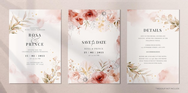 Set Hochzeitseinladungskartenvorlage mit roter und pfirsichfarbener Blumen- und Blattdekoration
