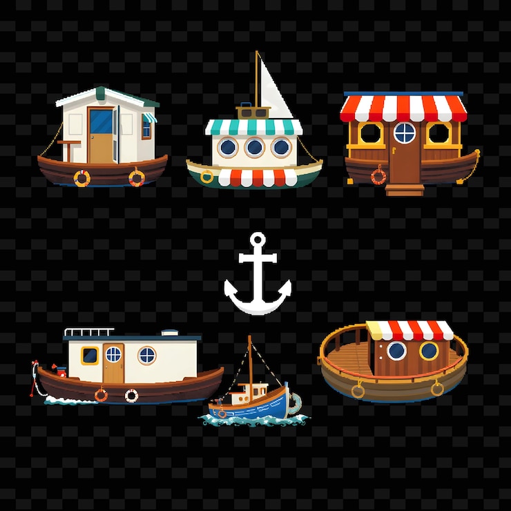 PSD set houseboat com charme náutico tolvas listradas âncoras e cordas po png house element designsr