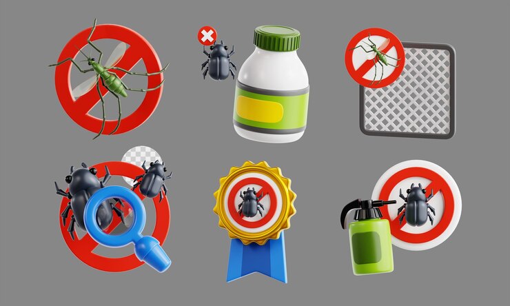 PSD set d'icônes 3d de lutte contre les ravageurs, y compris la médaille de numérisation des filets d'insectes et plus encore