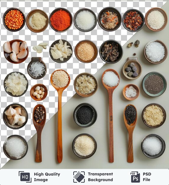 PSD set de ingredientes de cocina asiáticos gourmet de alta calidad con una variedad de cuencos y cucharas, incluidos cuencos blancos, marrones y de madera, así como