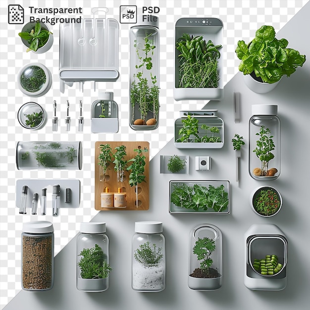 Set De Jardin Hydroponique D'intérieur Avec Une Variété De Plantes Et De Récipients, Y Compris Une Petite Plante Verte, Un Pot Blanc Et Une Bouteille Blanche Disposés Sur Un Fond Transparent Avec Un