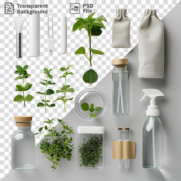 Set De Jardinage Et De Soins Des Plantes Affiché Sur Un Mur Blanc Avec Une Bouteille De Verre Transparente, Une Plaque Blanche De Plante Verte Et Une Bouteelle De Verre