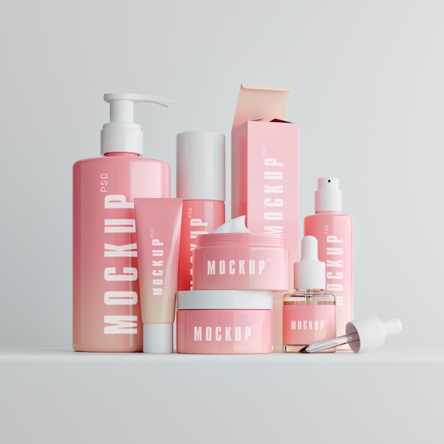 Set de maquettes PSD de produits cosmétiques roses réalistes sur fond blanc rendu en 3D