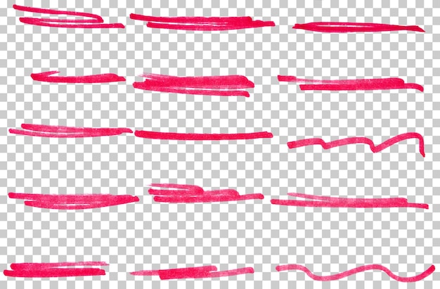 Set de marqueurs rouges dessinés à la main, ligne de trait de stylo, fond transparent, élément de conception, griffon, soulignement