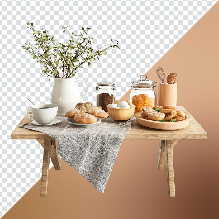 PSD set de mesa de desayuno con deliciosos pasteles e ingredientes frescos en un ambiente de cocina acogedor en un fondo transparente