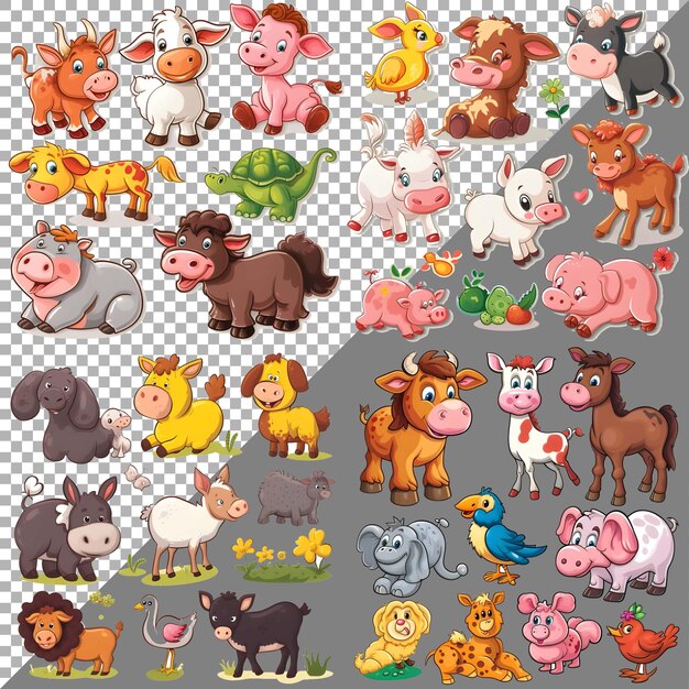 Set De Mignons Animaux De Ferme Emballer Style Autocollant Sur Fond Transparent Ai Généré