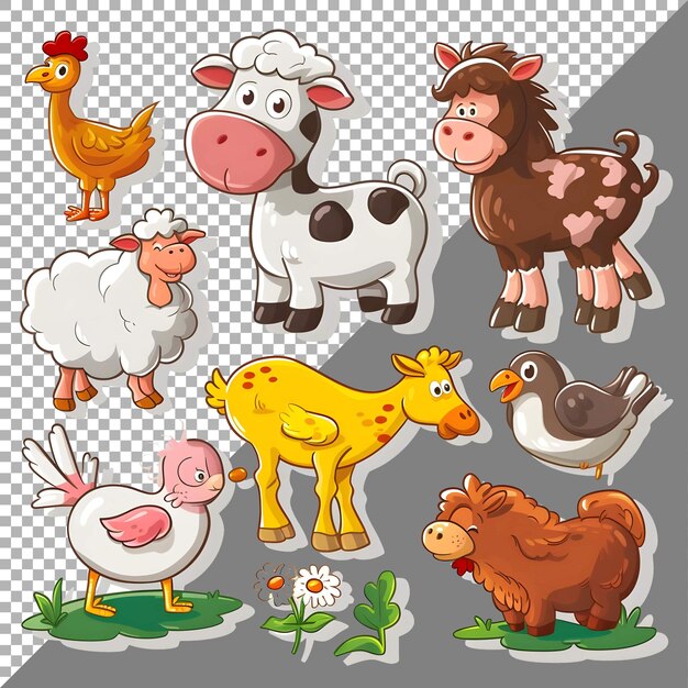 PSD set de mignons animaux de ferme emballer style autocollant sur fond transparent ai généré