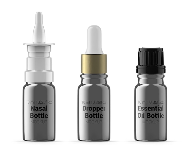 Set mit 10 ml silberglasflaschen nasenspray ätherisches öl und tropferflaschenmodell