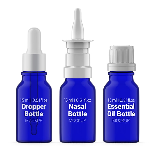 Set mit 15 ml blauen glasflaschen nasenspray ätherisches öl und tropferflaschenmodell