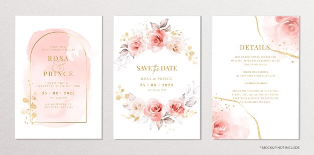 PSD set de modèle d'invitation de mariage à l'aquarelle avec décoration florale et à feuilles roses