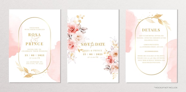 PSD set de modèle d'invitation de mariage à l'aquarelle avec décoration florale et à feuilles roses