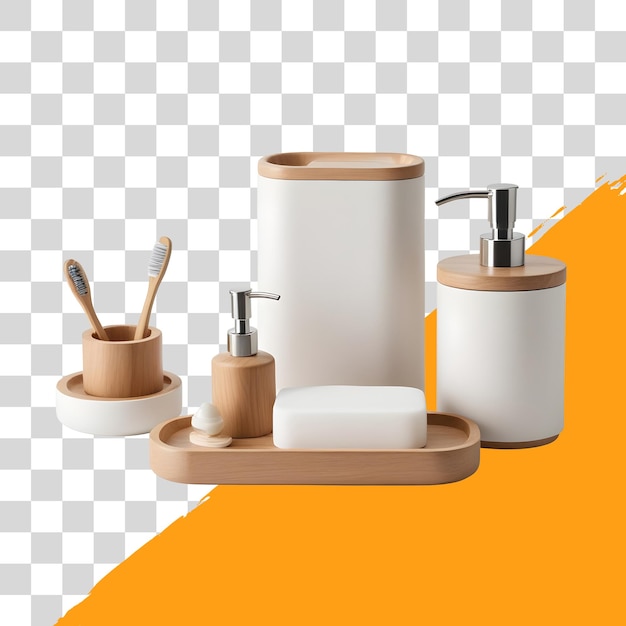 set modern bathroom accessories white soap dispenser toothbrush holder on png transparent background