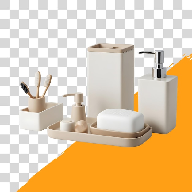 set modern bathroom accessories white soap dispenser toothbrush holder tray holders isolated on png transparent background
