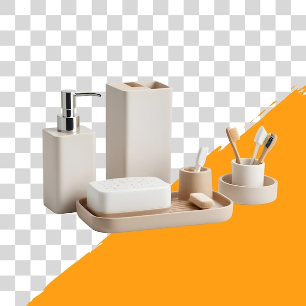 set modern bathroom accessories white soap dispenser toothbrush holder tray holders isolated on png transparent background