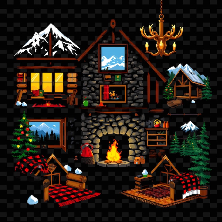 PSD set mountain lodge con decoración alpina chimenea de piedra vigas de madera plai png diseños de elementos de la casa