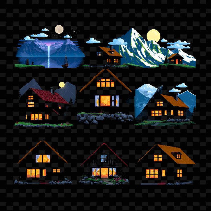 PSD set norwegian fjord house mit landschaftlicher schönheit dunkelholz rasendach große png hauselement designs