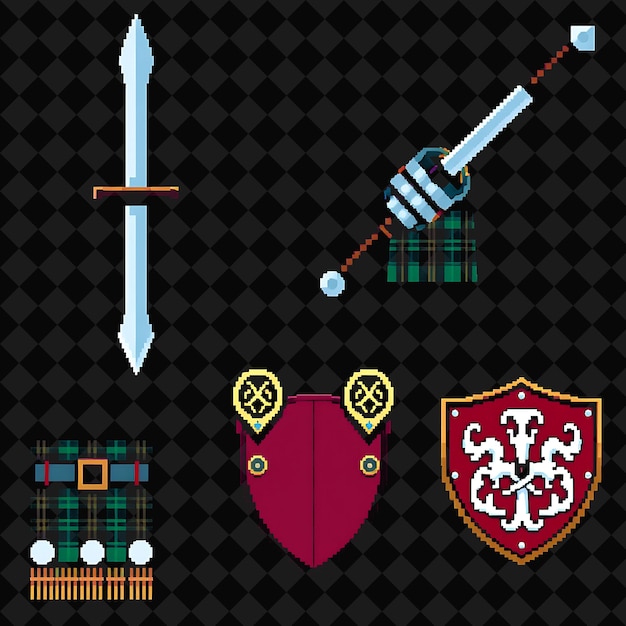 Set avec des objets Claymore Tartan Kilt Maillots de fer Crête de bouclier Une épée Claymore massive avec un Br