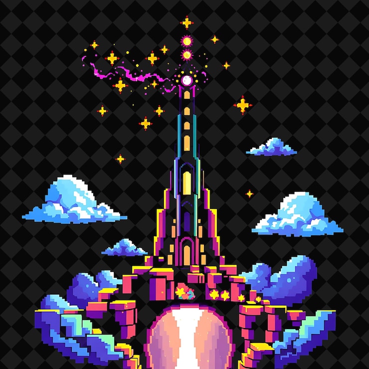 PSD set avec des objets tour enchantée étoiles lumineuses nuages éclairés par la lune pont éthérique une tour enchantée str