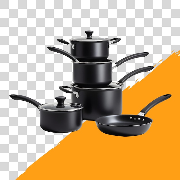 set of 3 black non stick saucepans isolated on png transparent background