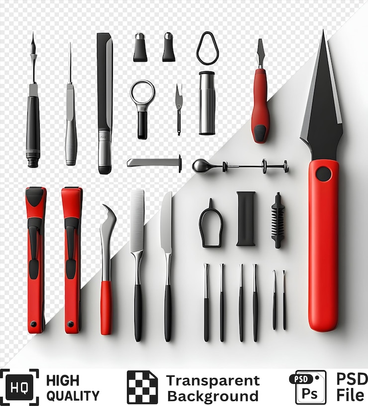 PSD set of assorted tools with red handles isolated on a transparent background