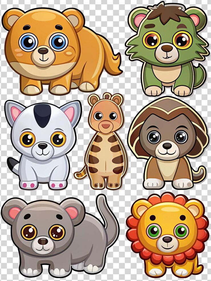 PSD set of cartoon zoo animals sticker isolated on transparent background