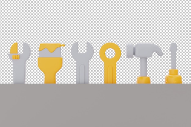 set of construction tools and equipment with copy space wrench paint brush hammer screwdriver labor day 3d rendering