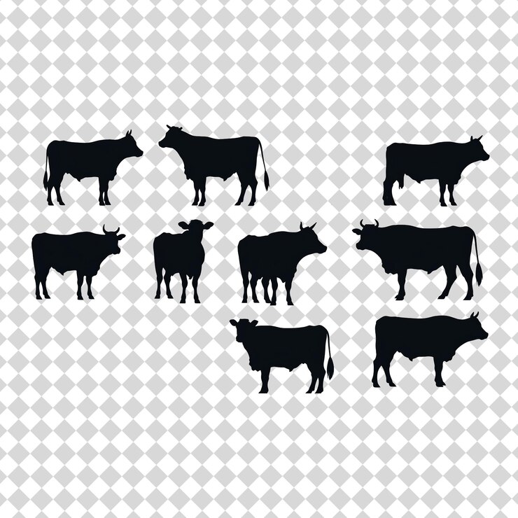 PSD set of cows black silhouette cow isolated on transparent background