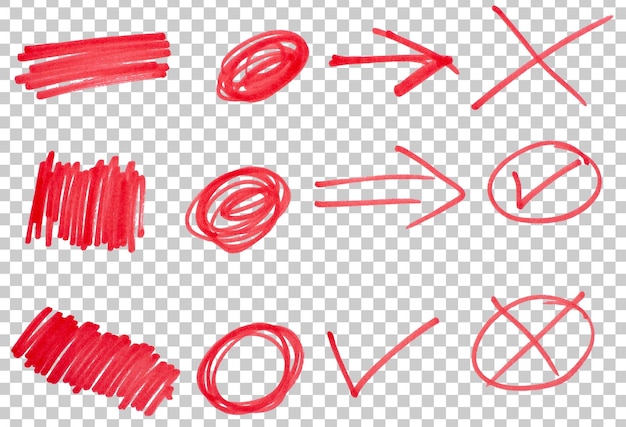 Set of doodles drawn with red marker pen on transparent background