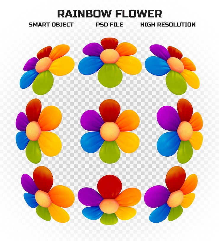 PSD set of rainbow wild flowers in high resolution for decoration