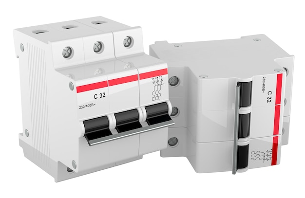 set of threepole miniature circuit breakers 3d rendering isolated on transparent background