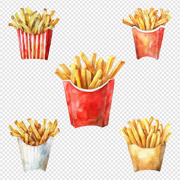 PSD a set of watercolor french fries isolated on transparent background