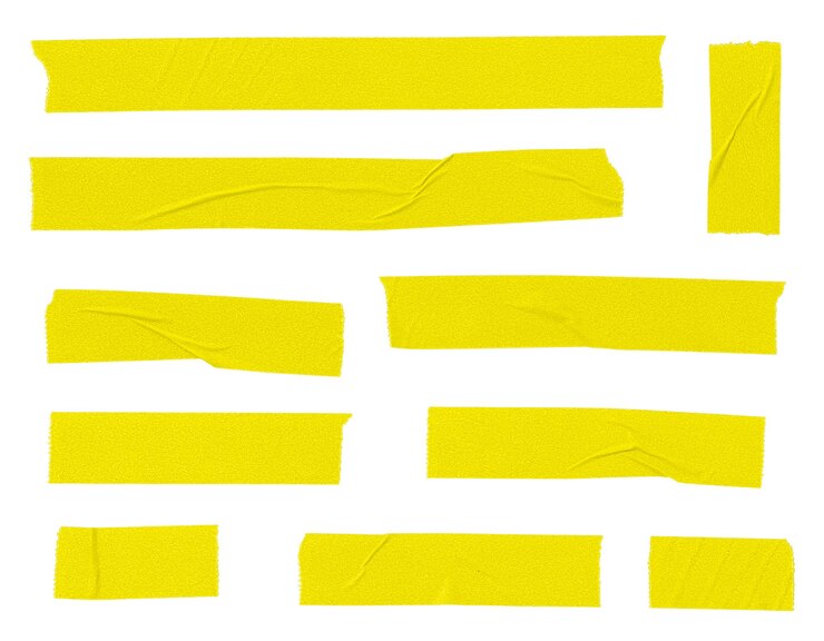 PSD set of yellow blank paper tape sticker isolated on white background mock up template
