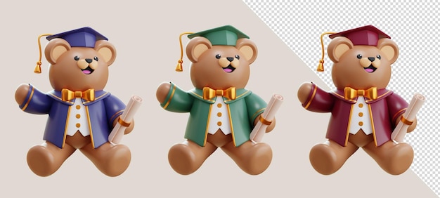 Set de osos de peluche en 3D con túnicas y una gorra de graduación con diploma