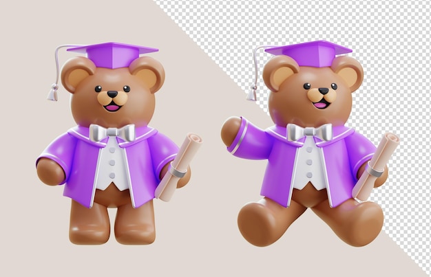 Set de osos de peluche en 3D con túnicas púrpuras y una gorra de graduación púrpura con diploma