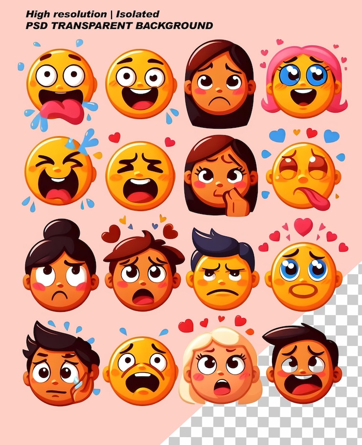 PSD set pack bundle emoticon face reaction isolated transparent background