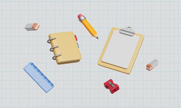 Set de papeterie de fournitures scolaires et de bureau Rendering 3D