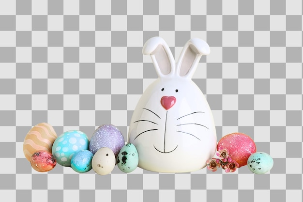 Set pasquale PNG di uova di Pasqua dipinte con un coniglio isolato su sfondo bianco