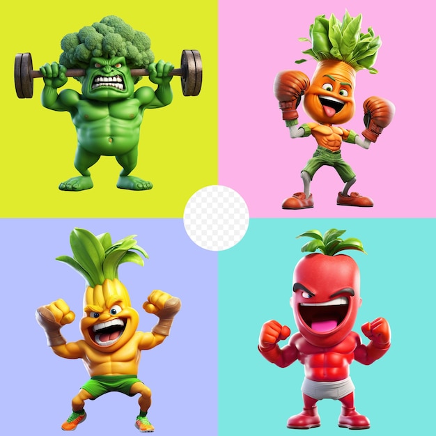 PSD set personaje de dibujos animados vegetable masculino metafora del poder de las verduras