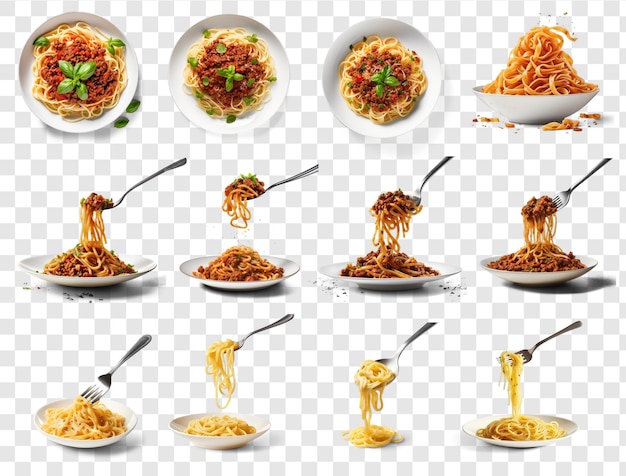 PSD set de photographie aérienne de nourriture pasta spaghetti bolognaise sur un bol blanc à fond blanc